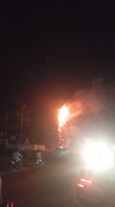மேலூரில் இடி தாக்கியதில் பற்றி எரிந்த தென்னை மரம்..,